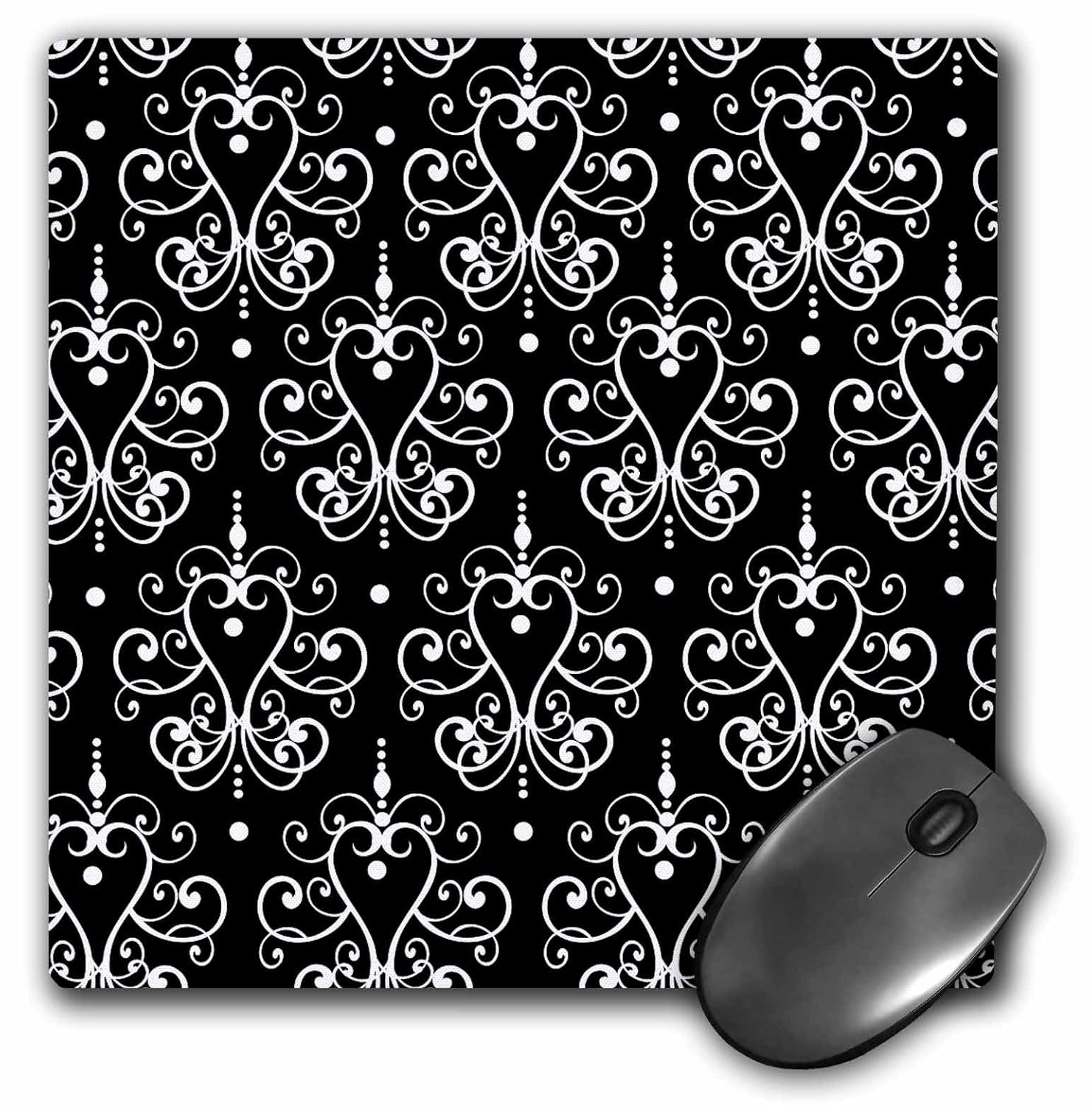 3drose 时尚心形花缎黑色和白色花纹 - 鼠标垫,20.32 x 20.