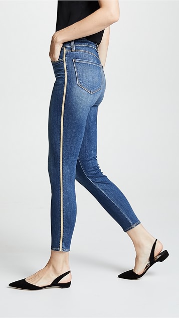 金色镶边高腰紧身牛仔裤