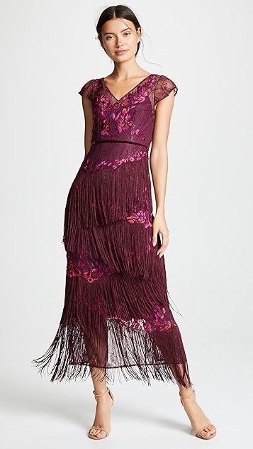 marchesa notte 花卉印花刺绣天鹅绒流苏小肩袖礼服