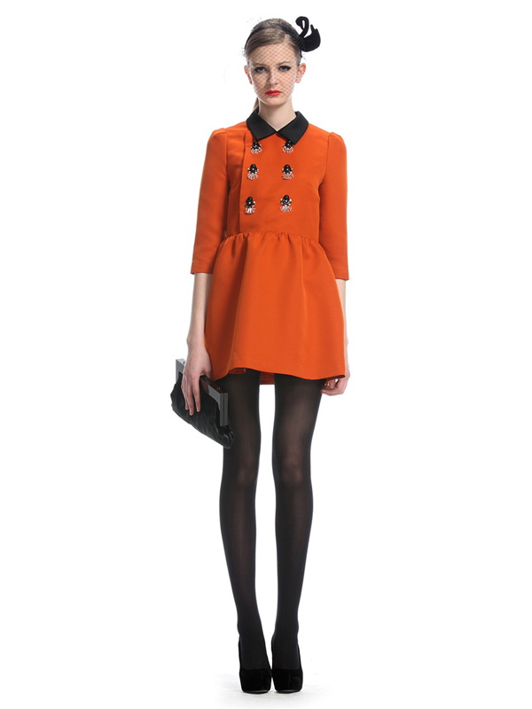 欧时力 欧美复古双排扣高腰长袖连衣裙 女式 1133082720142 风格 复古