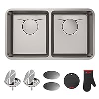 Kraus KD1US17B Dex 英寸底安装 T304Plus TRU16 标准不锈钢水槽带排水管和排水组件，43.18 厘米单碗，*珍珠表面 亮光珍珠表面 33" Double Bowl KD1UD33B