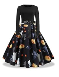 女式万圣节礼服长袖骷髅南瓜印花鸡尾酒会礼服复古摆晚礼服 生日礼服