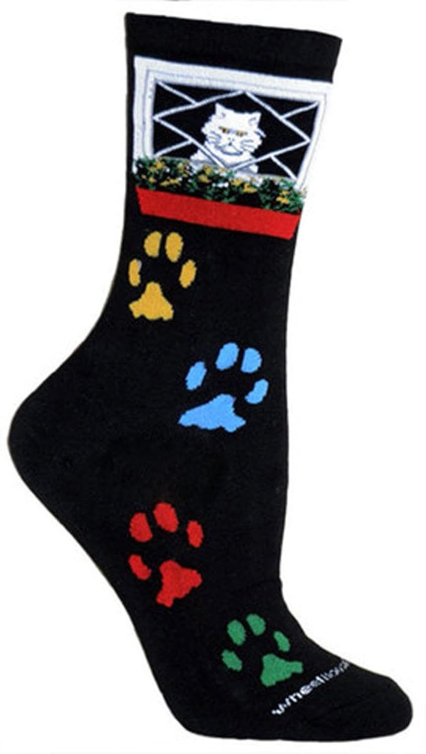 cat in 窗彩色猫爪印黑色超轻质棉质船袜