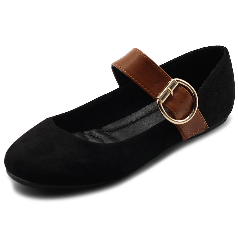ollio 女鞋人造麂皮玛丽珍皮带一脚蹬舒适轻便芭蕾平底鞋 黑色 6 m us