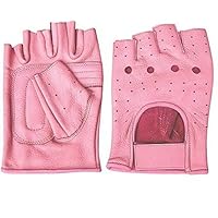 女士粉色皮革无指手套，带衬垫掌
