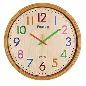 foxtop 静音非吸汗儿童挂钟 大装饰电池操作彩色时钟适用于客厅卧室