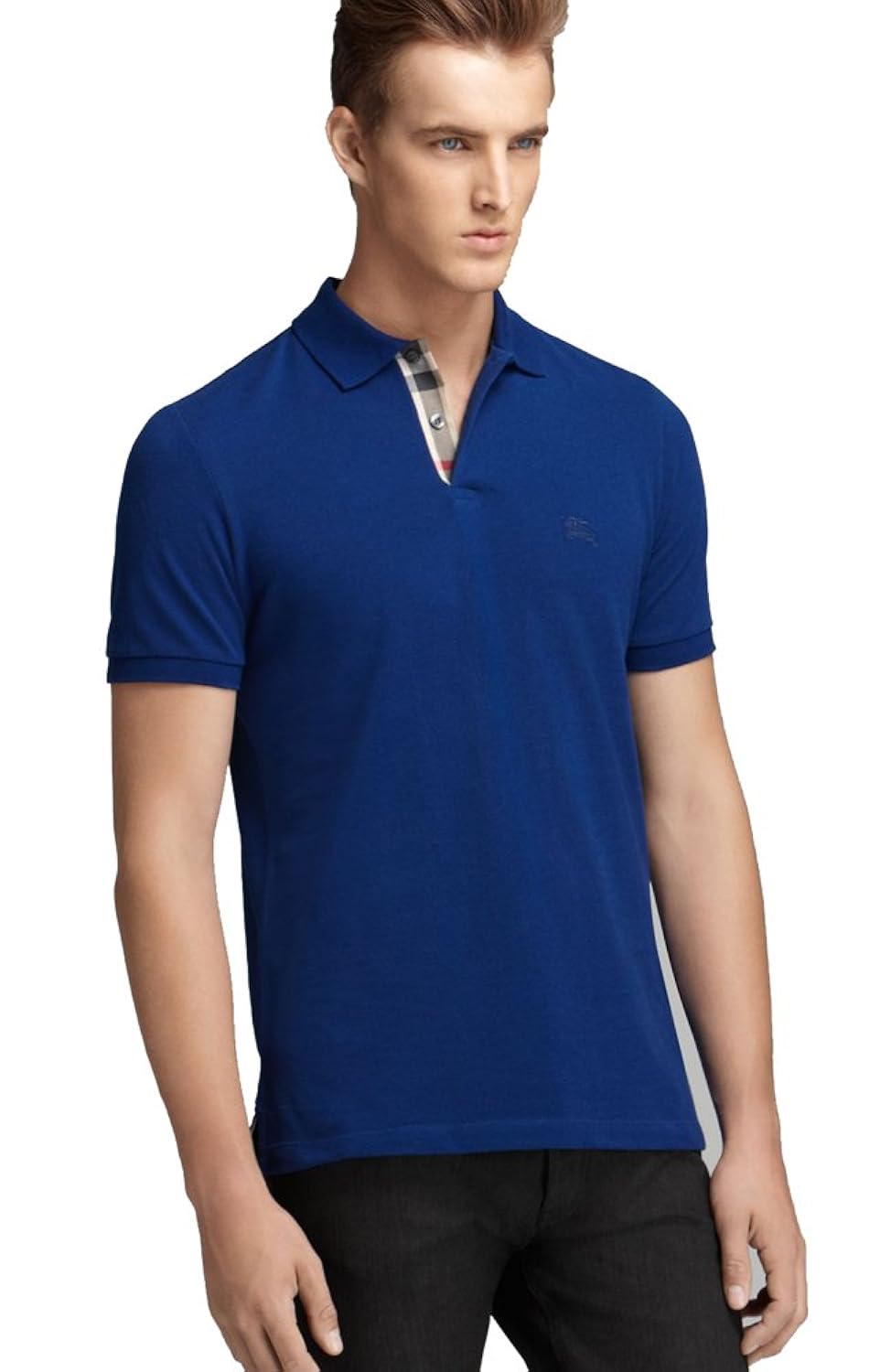 mens short sleeve nova check placket polo shirt bright navy blue