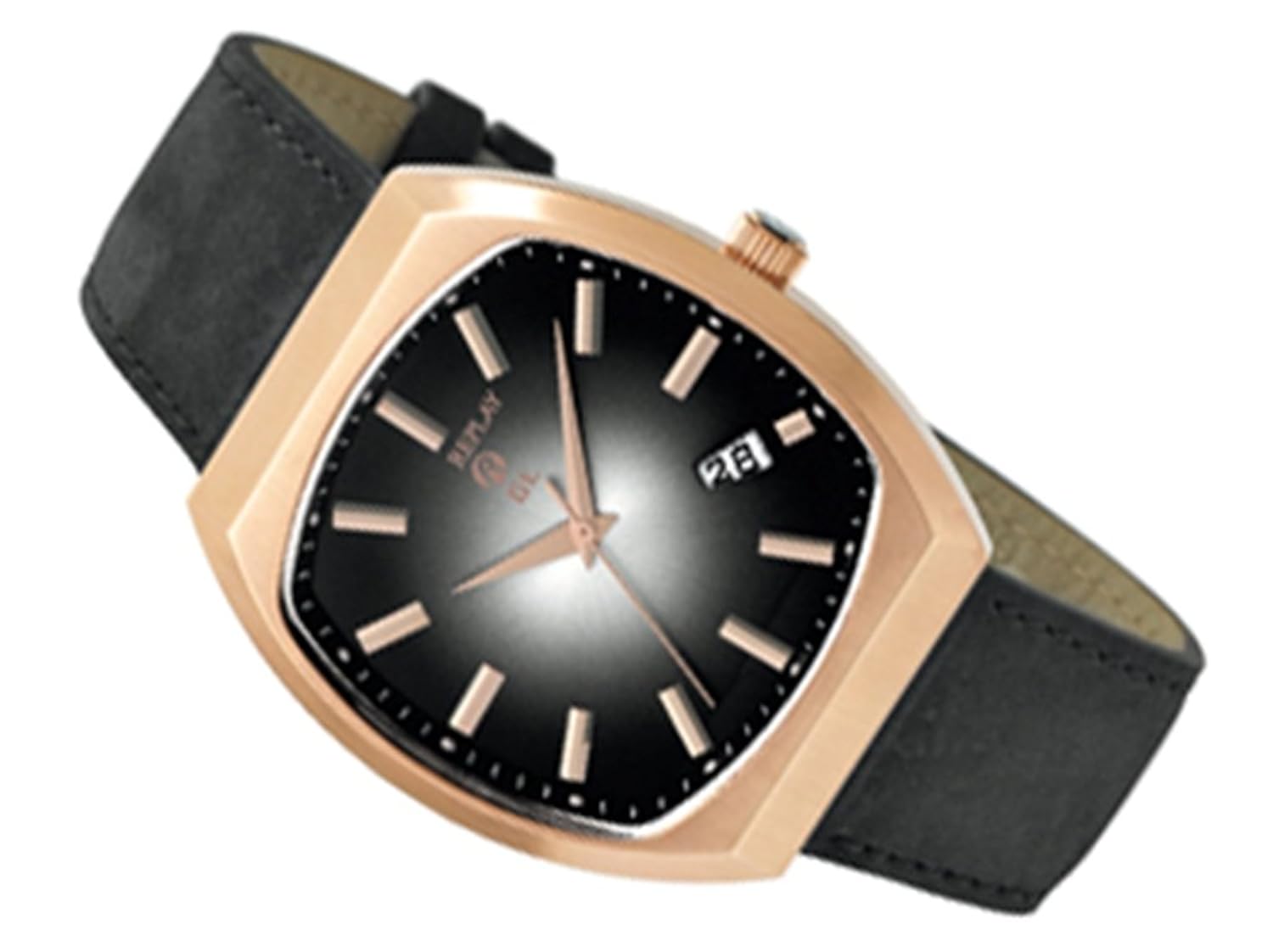 replay rx8603nh 男式模拟石英手表带日期指示器和黑色皮革表带