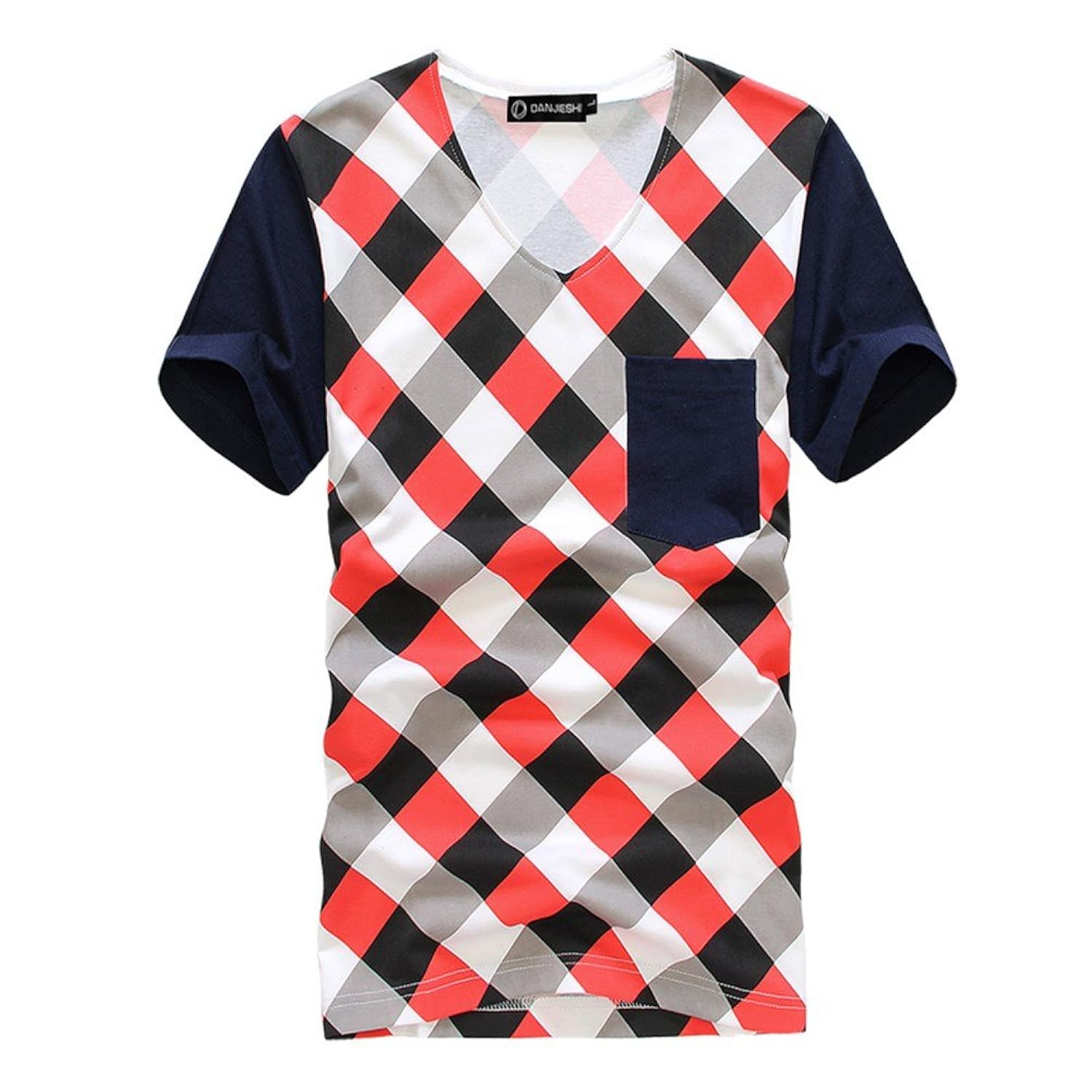 丹杰仕 夏季撞色格子 简洁大方 纯棉男式休闲t恤 百搭韩版v领 (m