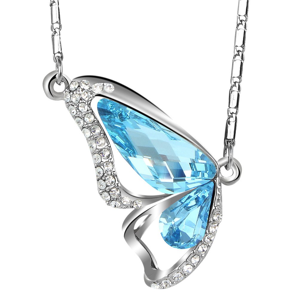 elequeen 女士银色蝴蝶吊坠项链 装饰施华洛世奇水晶 海蓝宝石