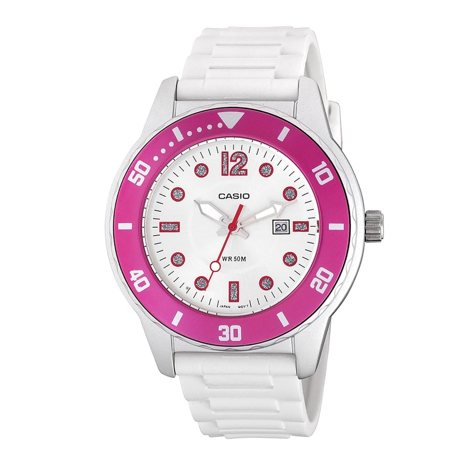 casio 女式 ltp1330 – 4 a1 v sport 亮片装饰白色和粉色树脂手表