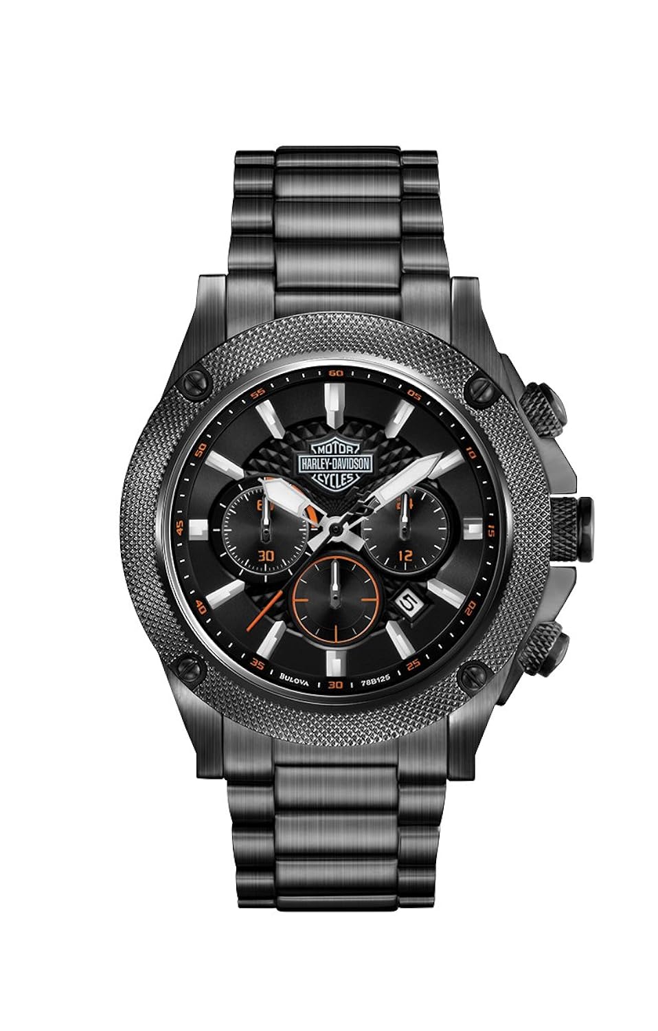 哈雷戴维森男式石英手表黑色表盘计时显示与黑色不锈钢表链78b127