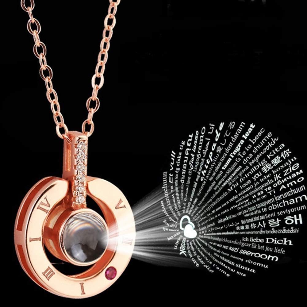 jetloter i love you 项链,100 种语言投影圆形缟玛瑙吊坠锁骨项链