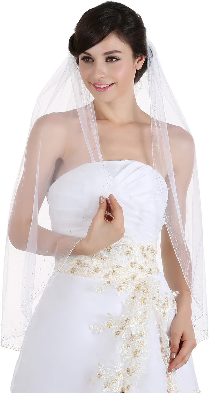 1t 1 层宽水晶珠边新娘面纱肘长 76.2 厘米 白色 elbow length 30"