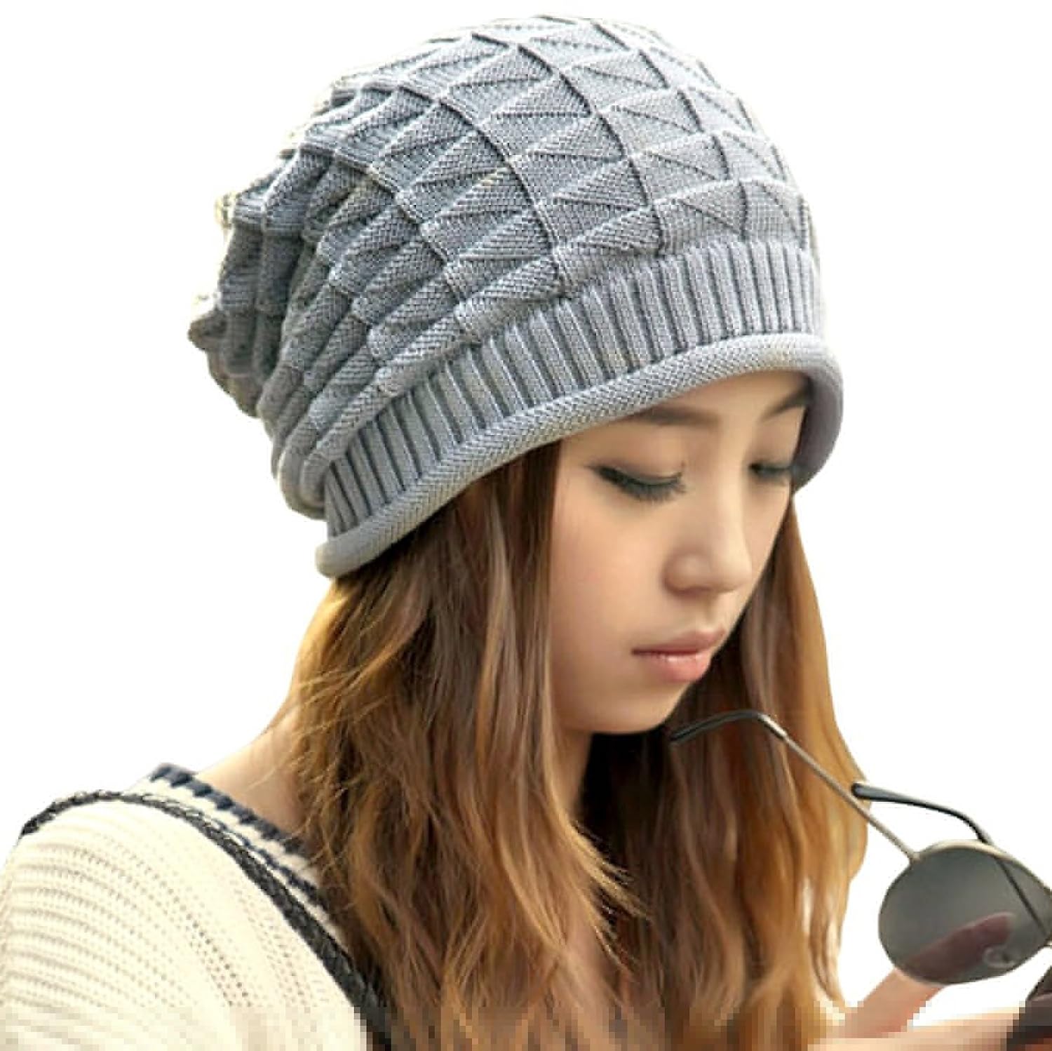 中性款三角图案宽松针织贝雷帽无檐小便帽钩针编织帽 灰色 one size