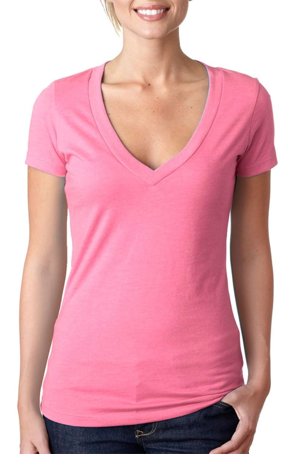 next level womens cvc deep v-neck t-shirt, hot pink, medium
