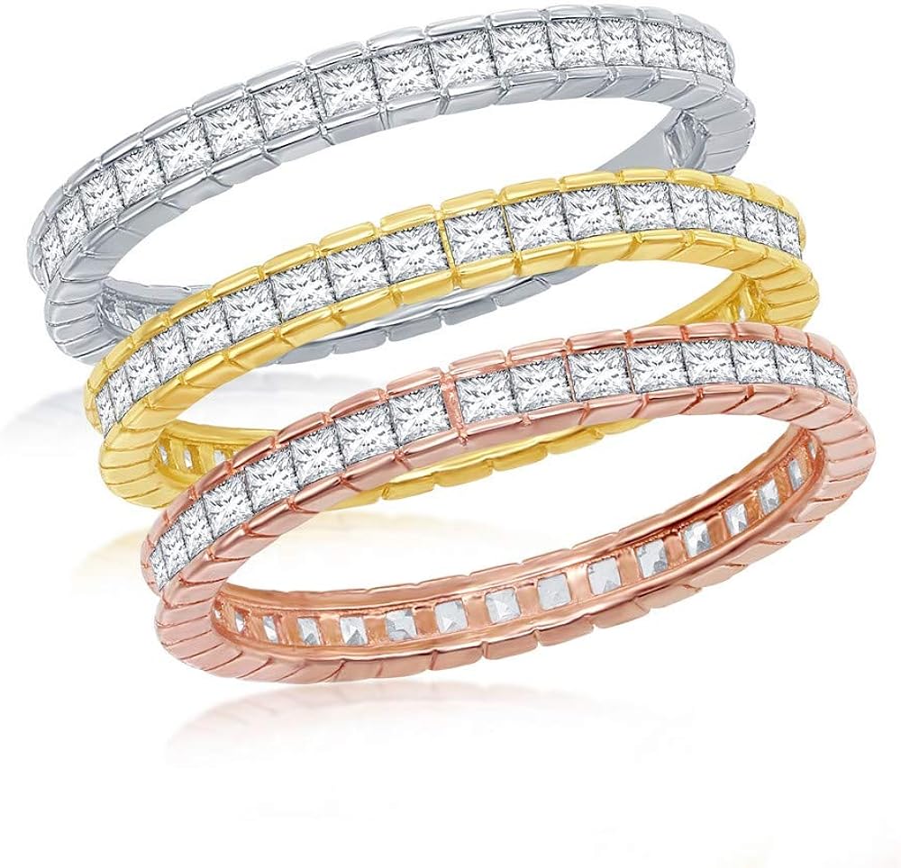 925 纯银镀铑/镀金/玫瑰金槽镶公主切割方晶锆石可叠放永恒戒指 3