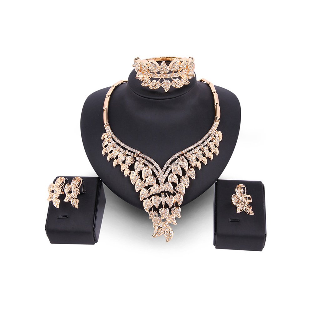 everrich *新娘花朵圆形泪滴玫瑰金镀金耳环项链婚礼订婚首饰套装4双