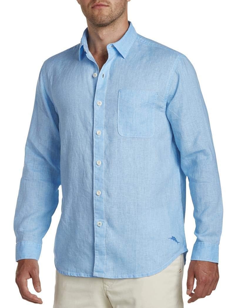 tommy bahama大码男衬衫亚麻方领长袖纯色宽松休闲d8905 blue yonder