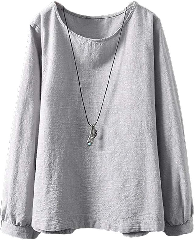 minibee 女式休闲棉质亚麻衬衫宽松纯色上衣复古洋娃娃束腰外衣 灰色