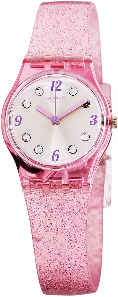 swatch 玫瑰花心灰色表盘粉色闪光硅胶领带手表 lp132c