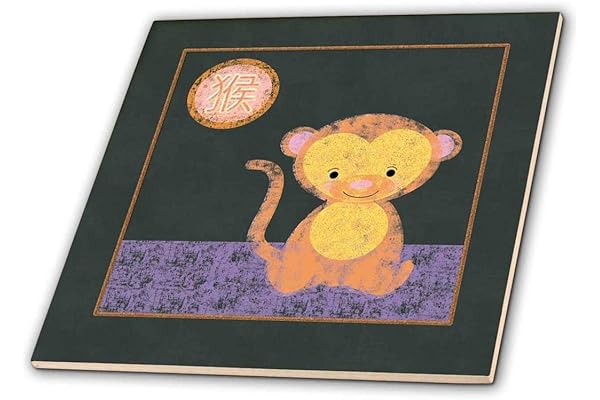 3drose 黑板猴子,中国猴子标志,黄色,橙色,黑色 - 玻璃瓷砖,8 英寸(ct