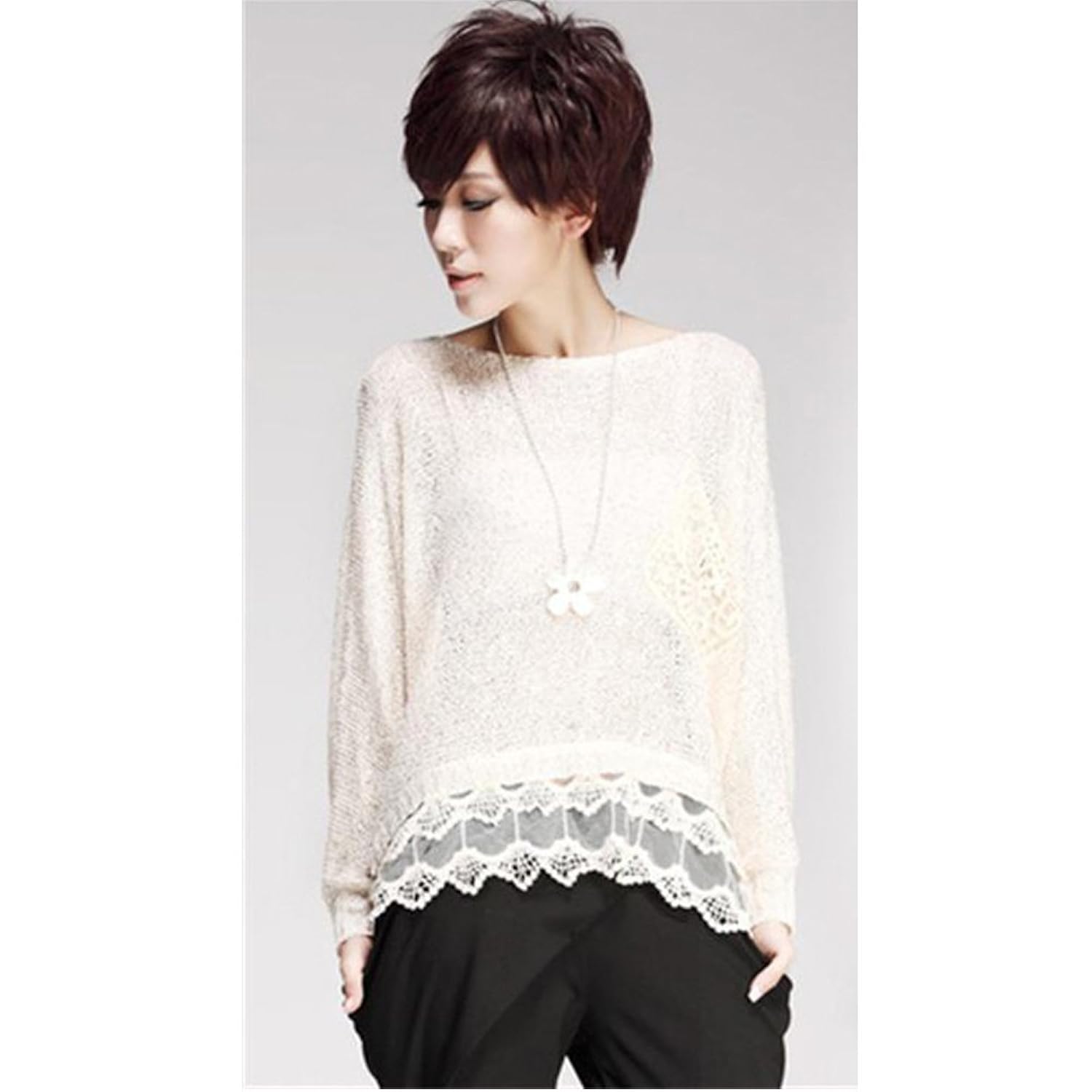 莱雪曼 手工编织蕾丝亮片毛衣1002 浅杏色