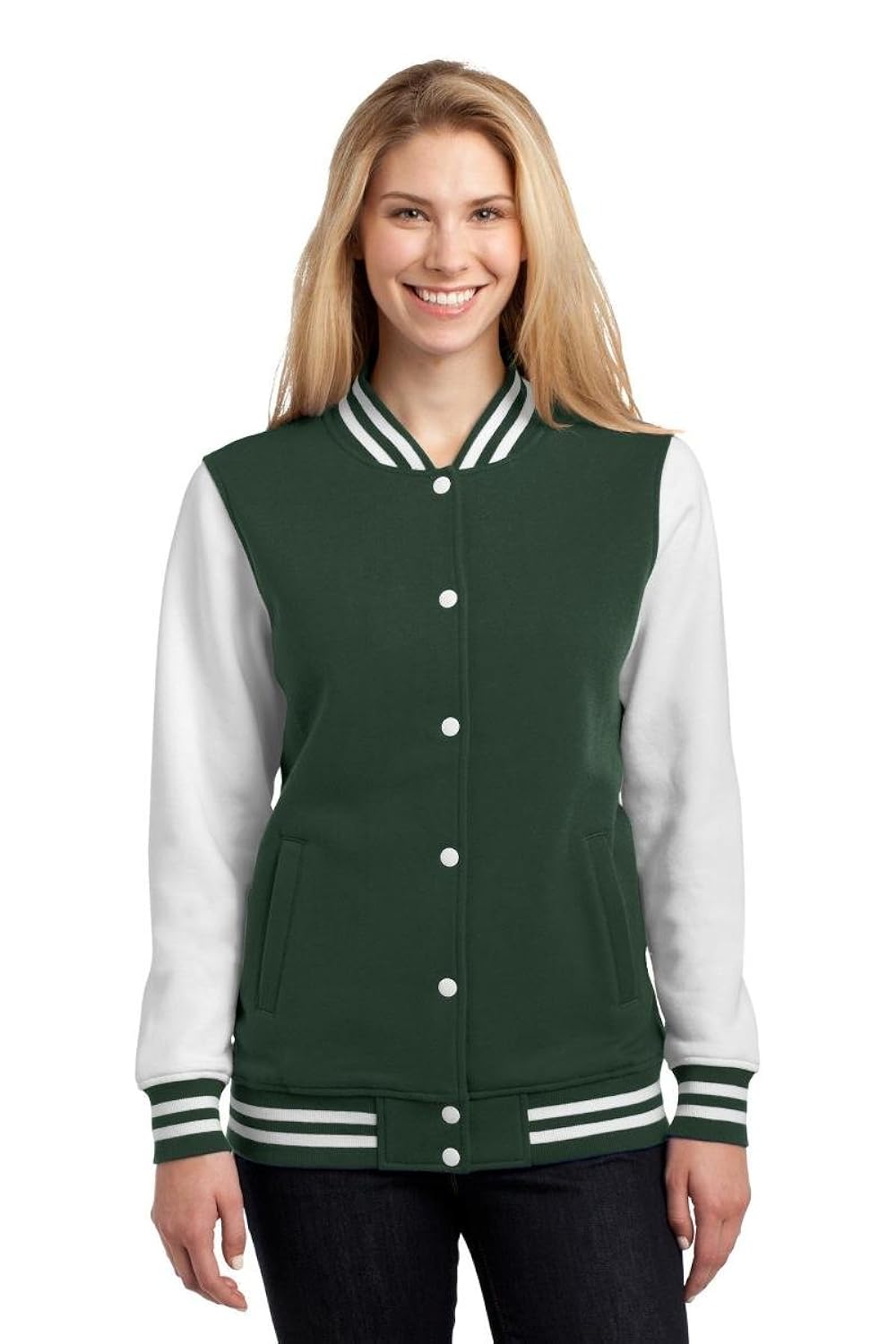 sport-tek womens fleece letterman jacket l forest green/ white