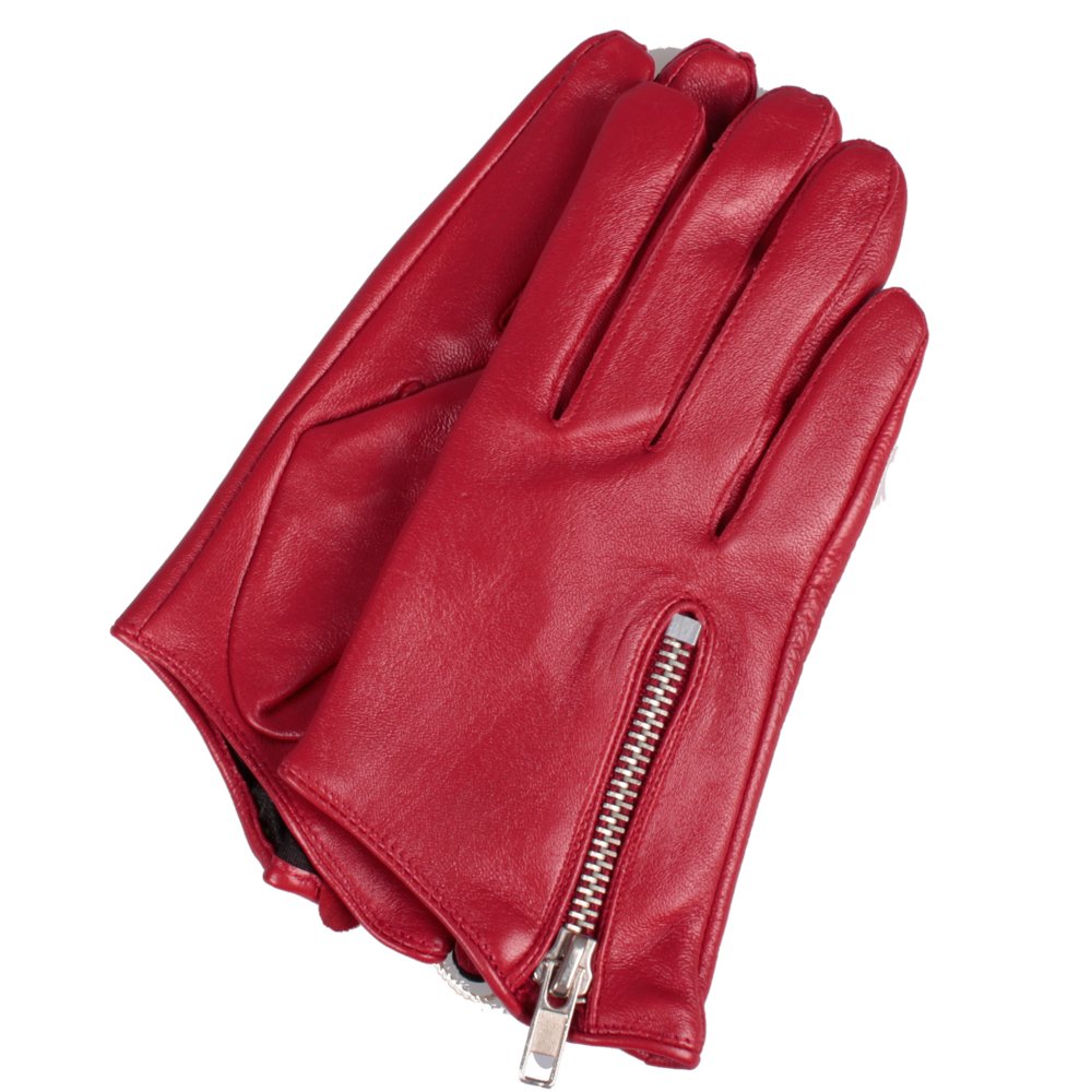 皮手套 女 冬季 开车 短款 时尚韩版 斜拉链 女士真皮手套 (m, 红色)