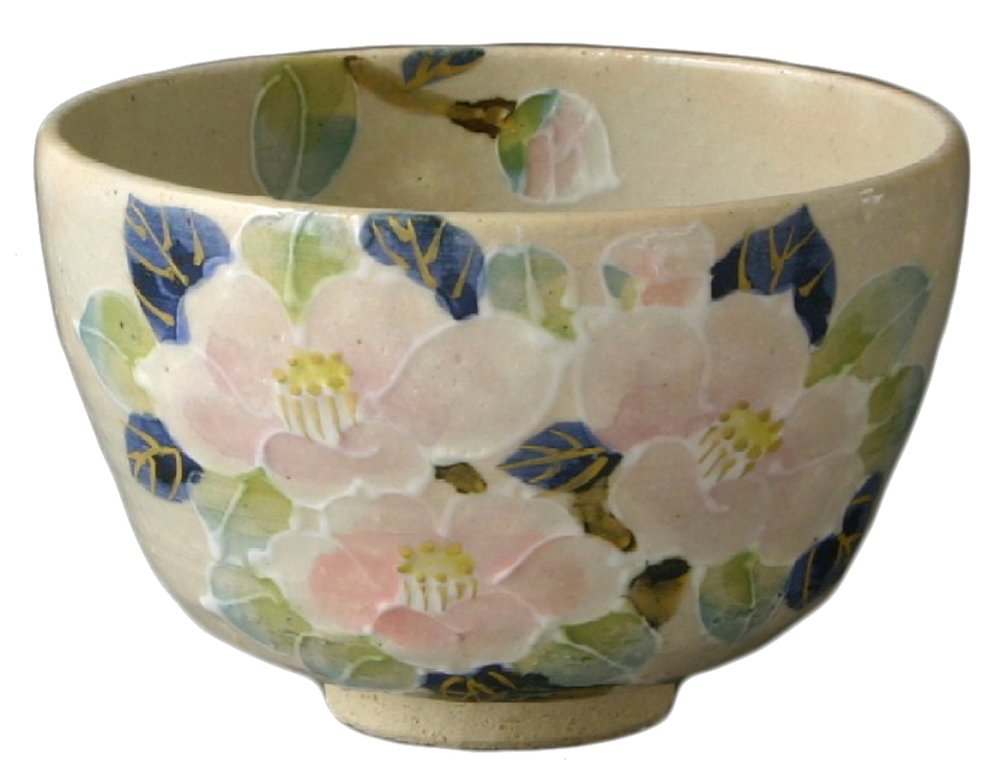 京烧 清水烧 瑞光窑 抹茶碗 (带化妆盒) 花茶花 tzh588