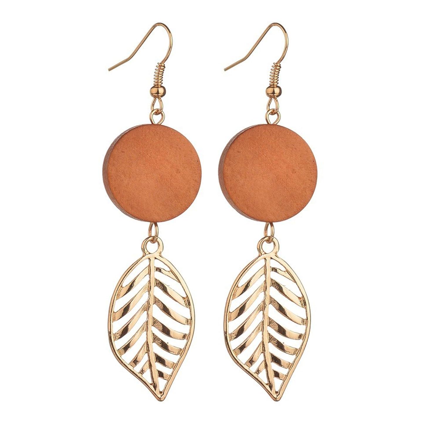 金棕榈叶圆形木质耳环吊坠适用于女式