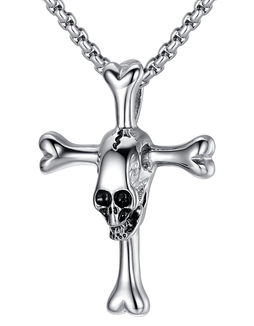 lineave 男士不锈钢哥特式骷髅十字骨吊坠项链,23   5.