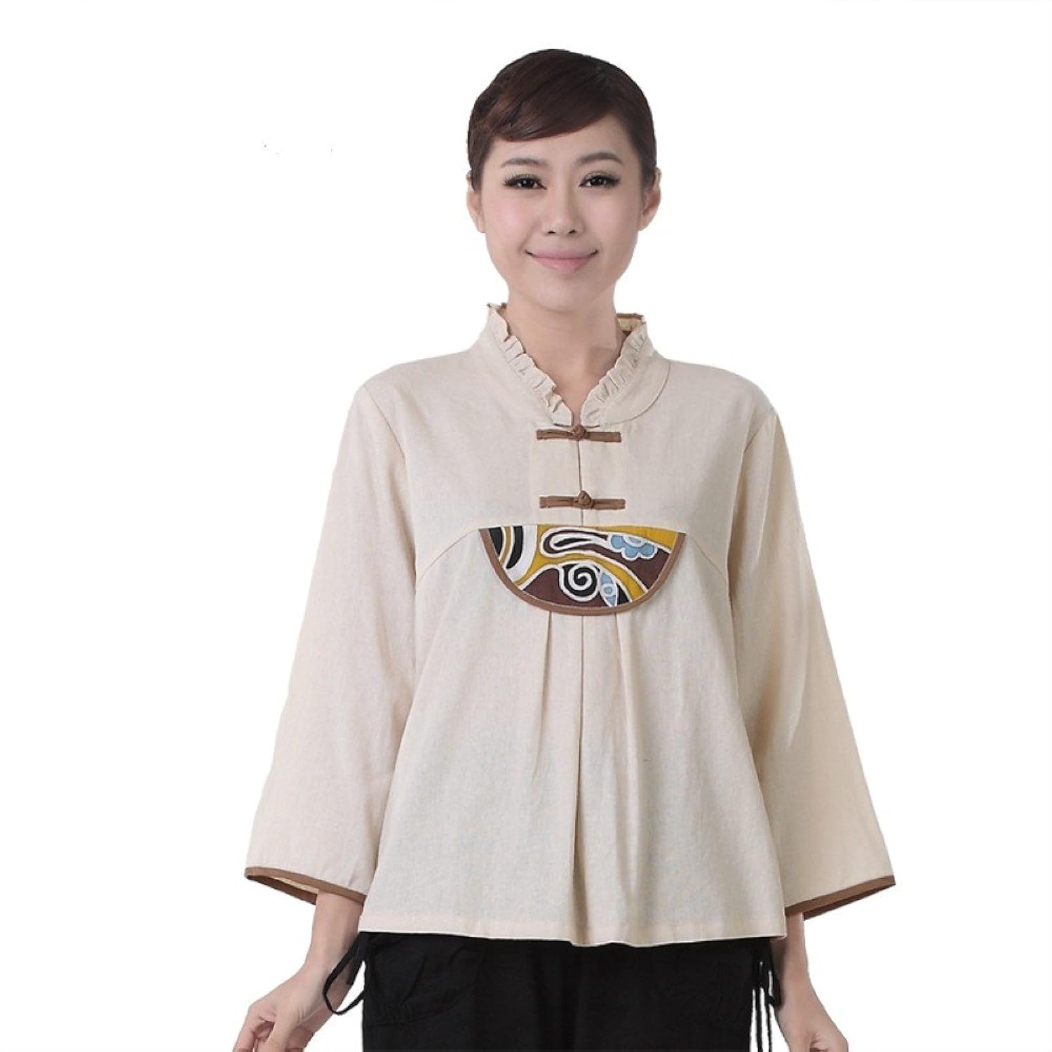 品唐斋 民族风手工棉麻女士唐装改良汉服上衣 荷叶边衣领xxl