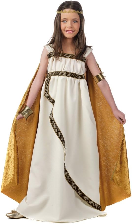 希腊公主儿童服装 cream 金连衣裙,披风和皇冠