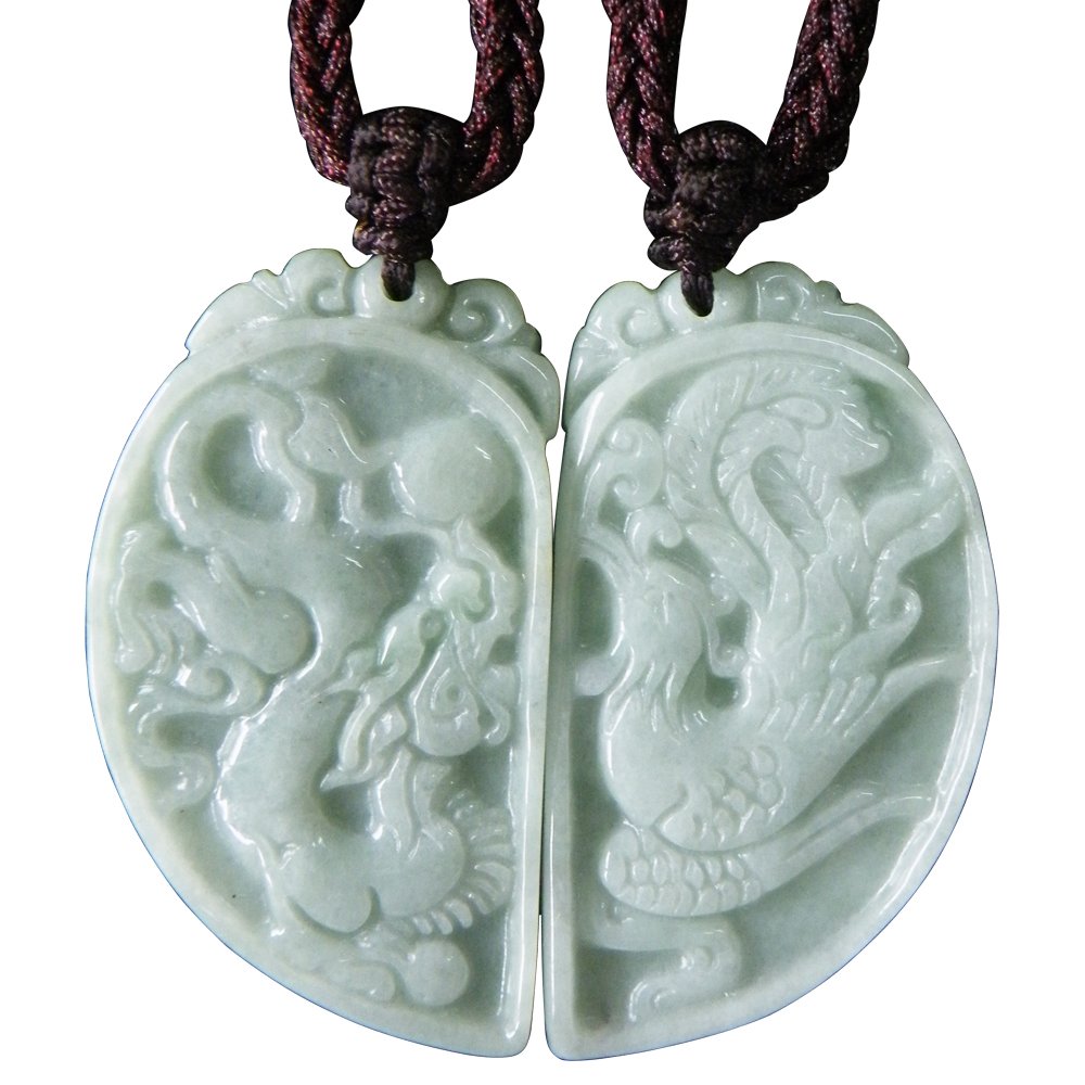 鸿星珠宝 翡翠心型龙凤对配 青白色a货翡翠 情侣爱心型对佩定情信物