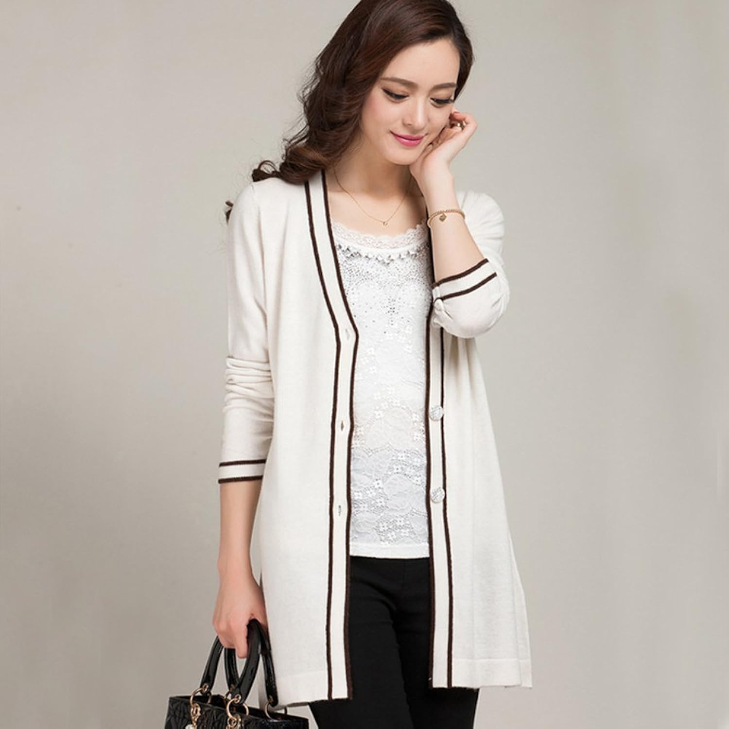 吉梅 春夏秋季韩版女装针织衫女开衫中长款宽松毛衣薄外套 白色 xxl