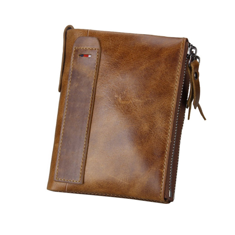 男士钱包复古 rfid 屏蔽马牛皮信用卡夹双折钱包带拉链零钱袋(棕色)