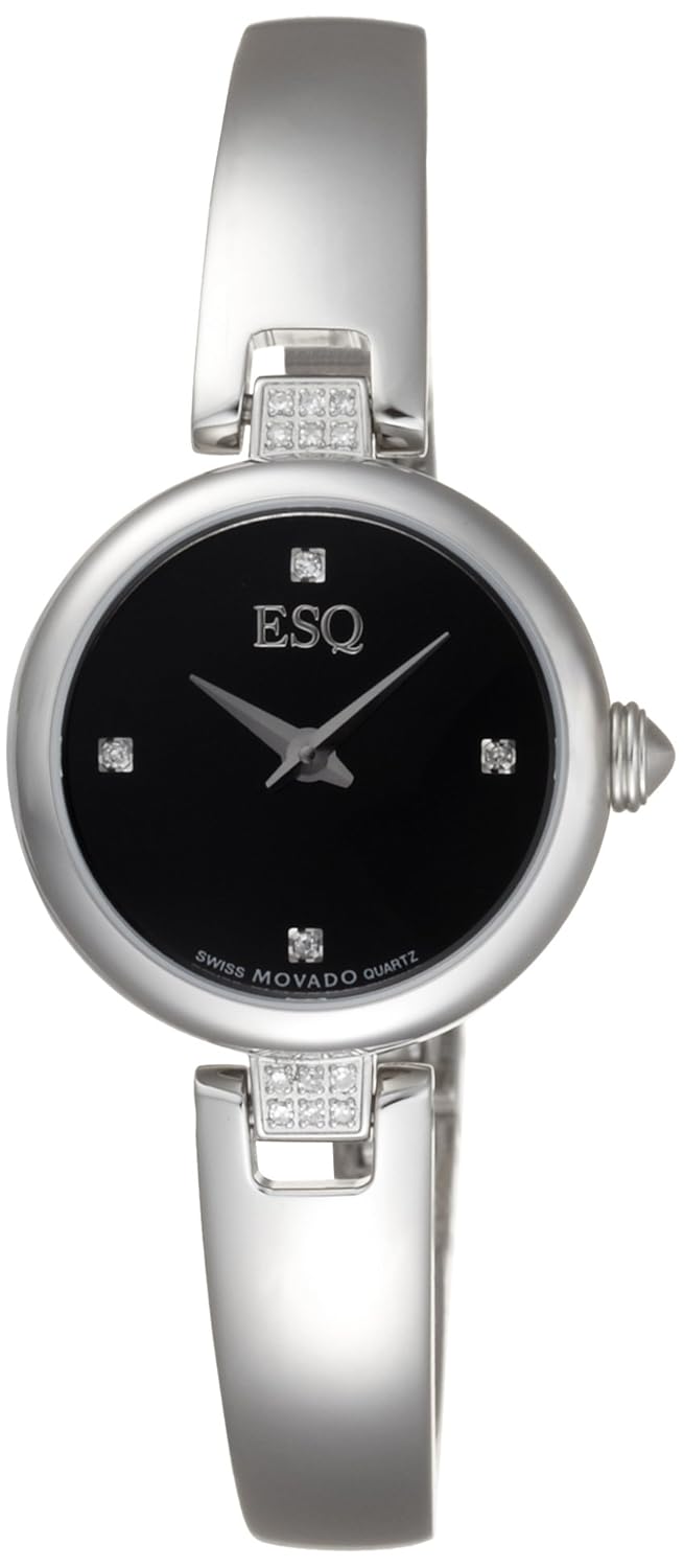 esq movado 女式07101361 intrigue 不锈钢与钻石黑色圆表盘手表