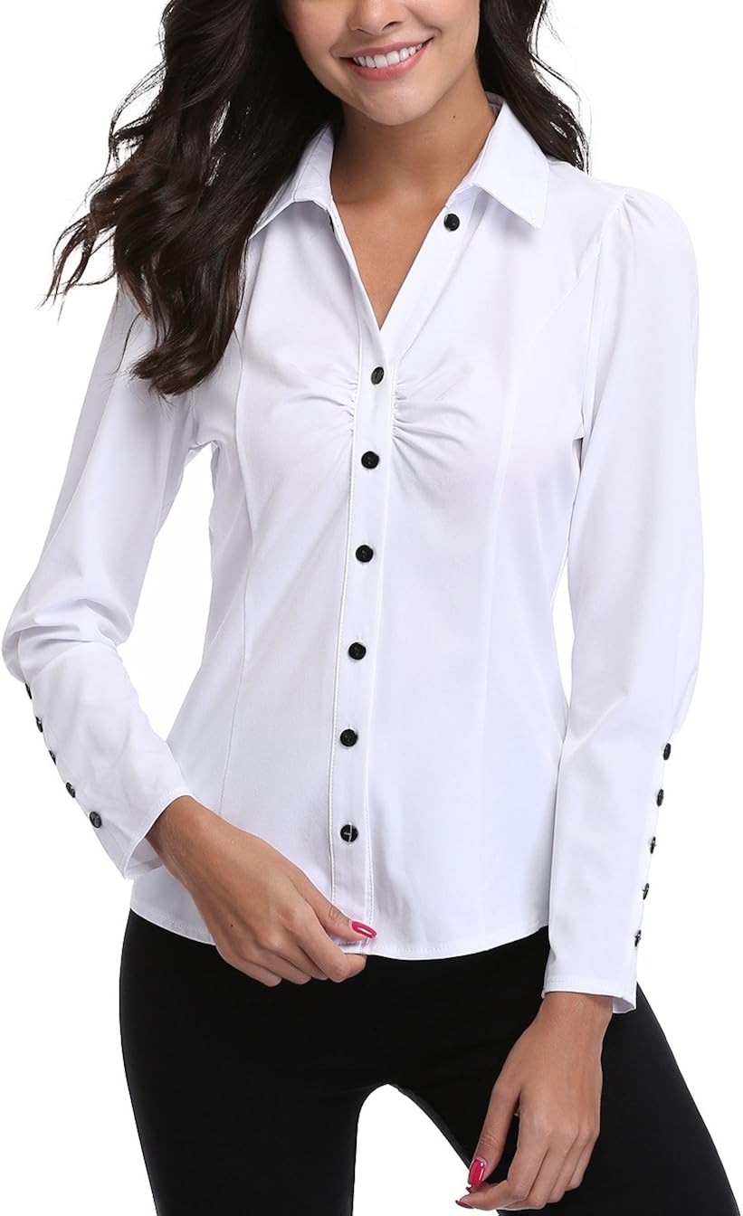 miss moly 白色领衬衫女式衬衫系扣 v 领前褶长袖工作上衣