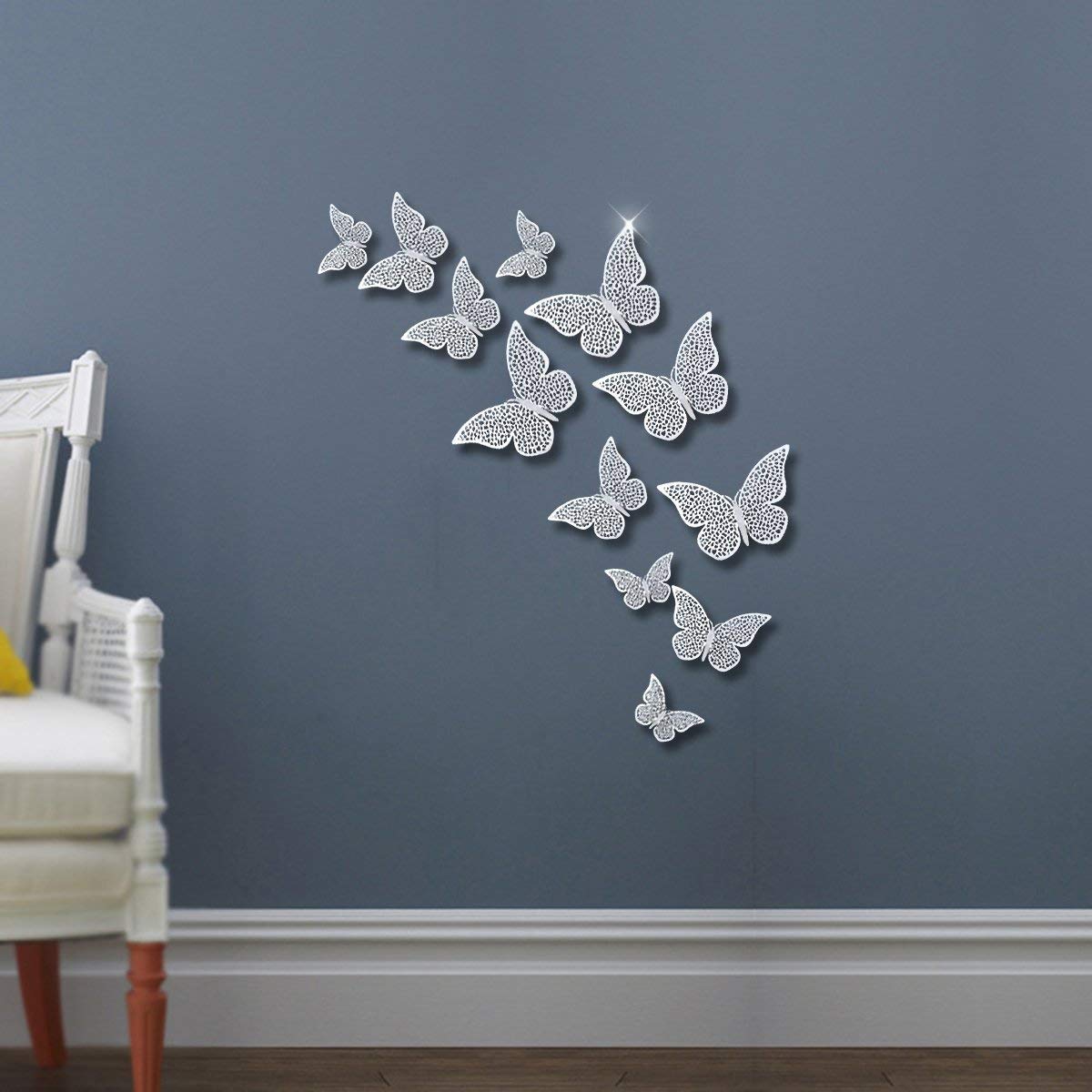 fly spray 36 件银色蝴蝶墙贴 - 3d 蝴蝶镂空墙贴金属可移除壁画装饰