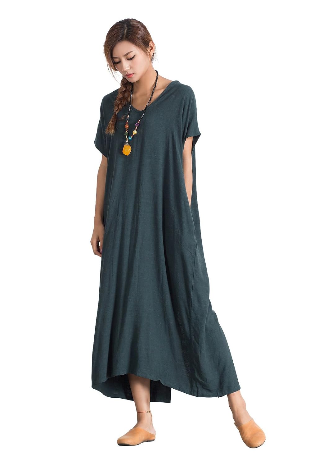 krystal suyi 女式亚麻宽松夏季大码长款连衣裙加大码棉服装