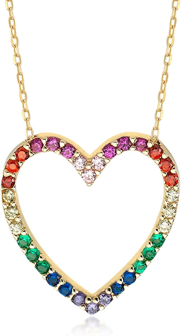 gelin 14k 黄金锆石彩虹骄傲心形吊坠项链 lgbt,45.72 厘米 - 女士心