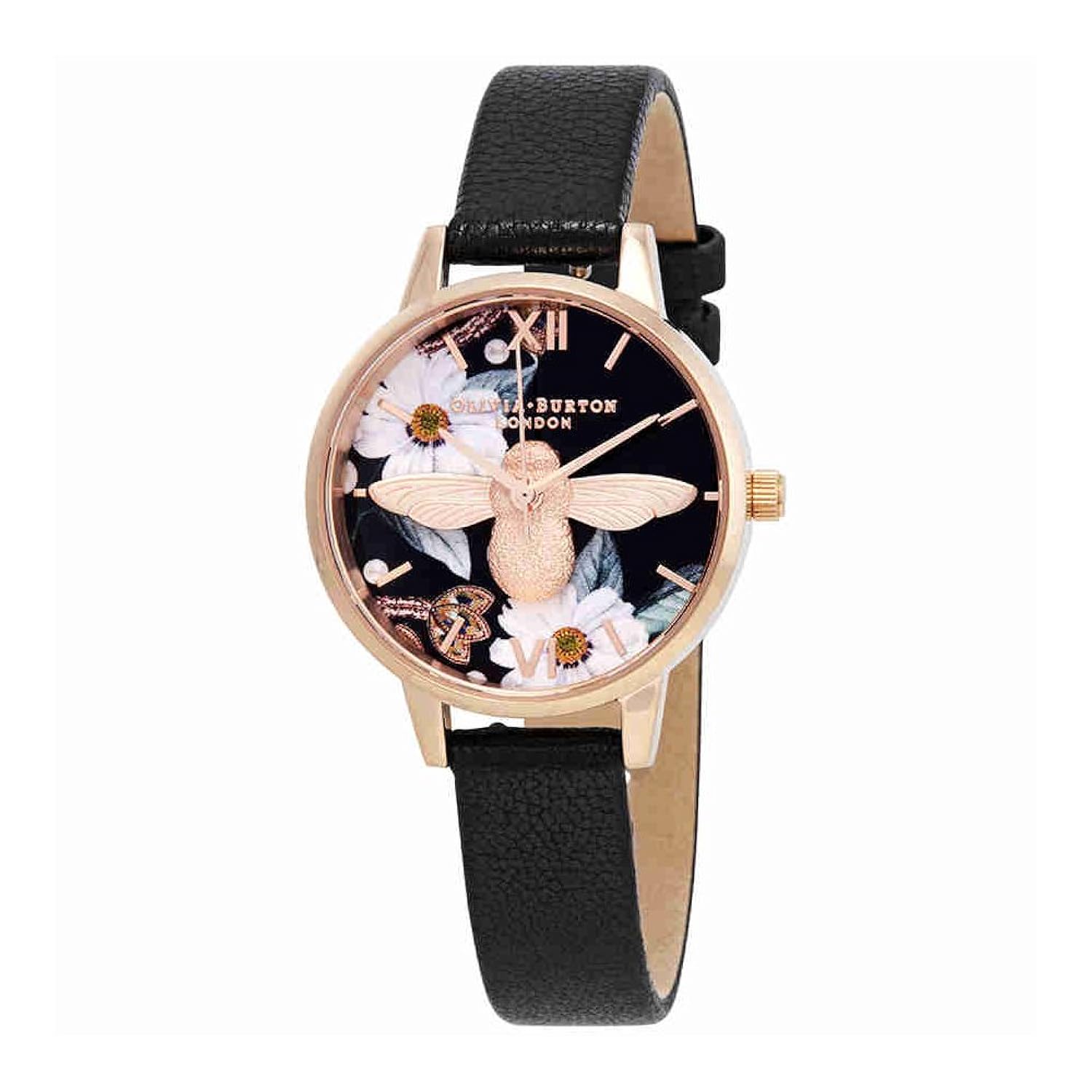 olivia burton bejewelled 花卉图案黑色表盘女士手表 ob16bf05
