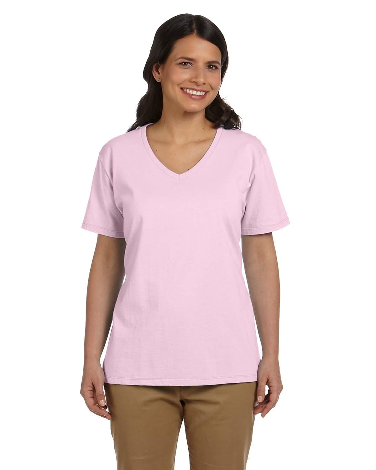 hanes relaxed fit womens comfortsoft v-neck t-shirt, pale pink