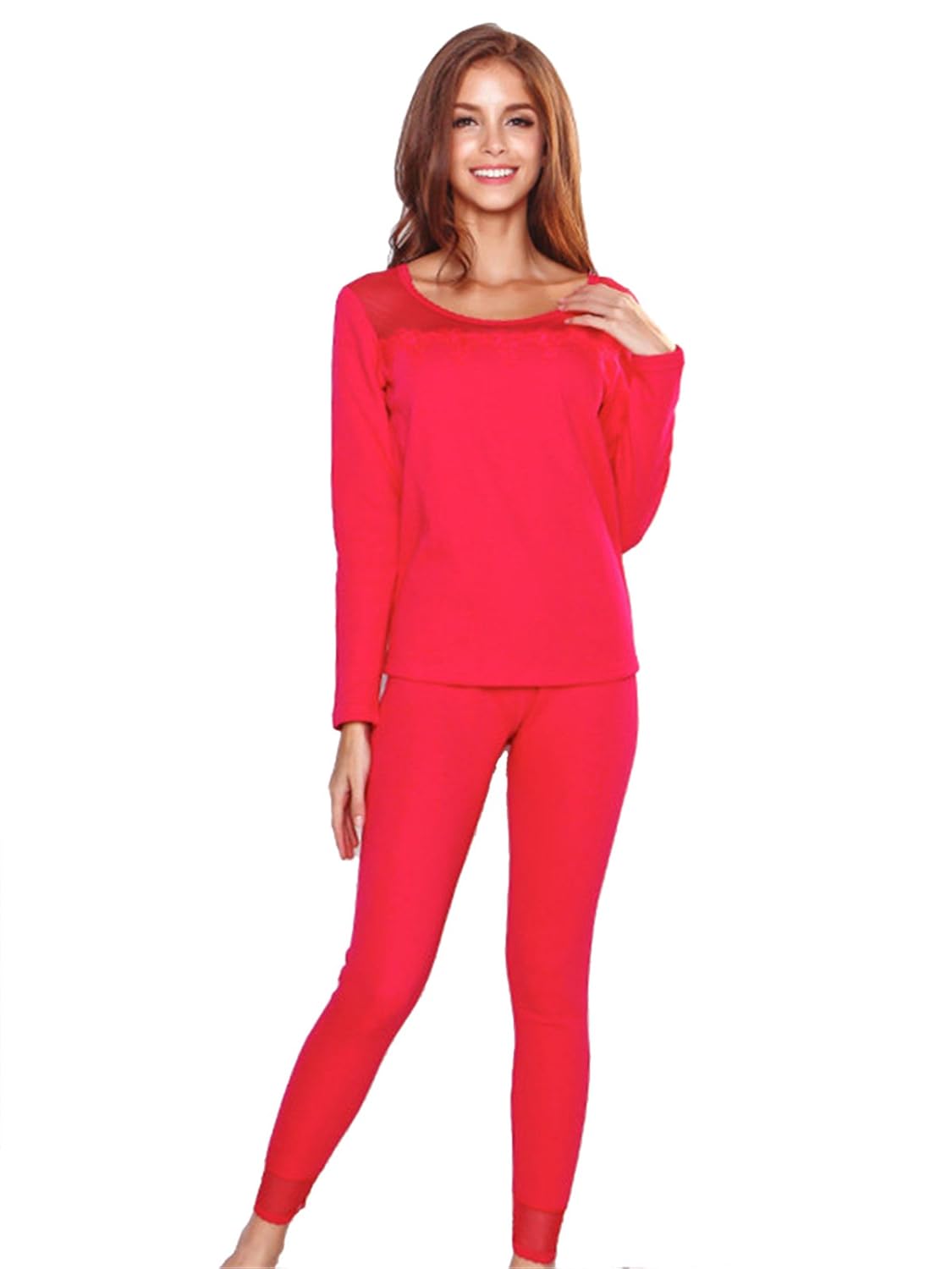 elle 内衣保暖亲肤舒适圆领内衣套装透视网纱性感蕾丝家居套装 1set