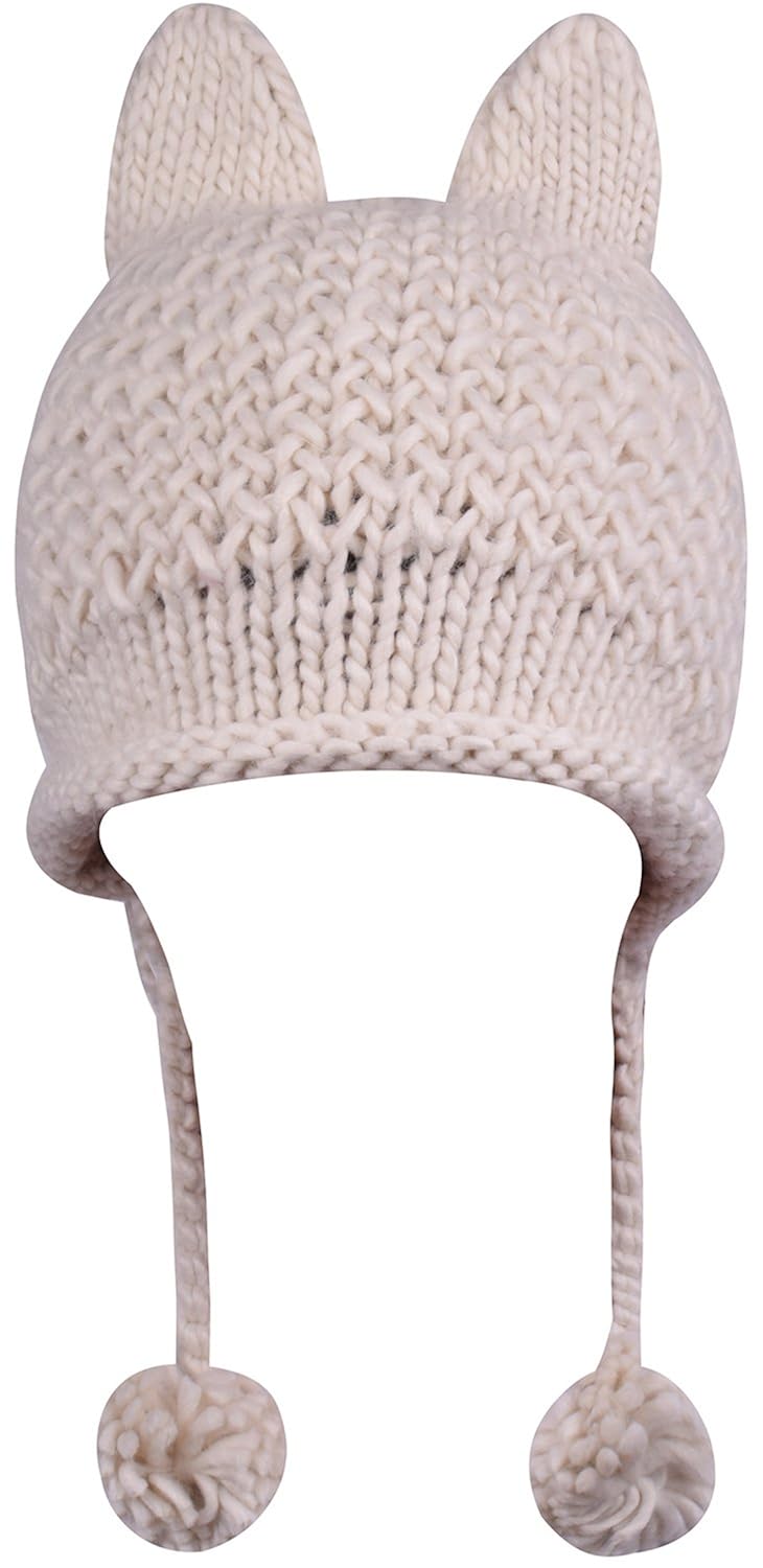 wdsky 女式冬季针织帽手工针织帽带猫耳朵啦啦球上的帽子 白色 one