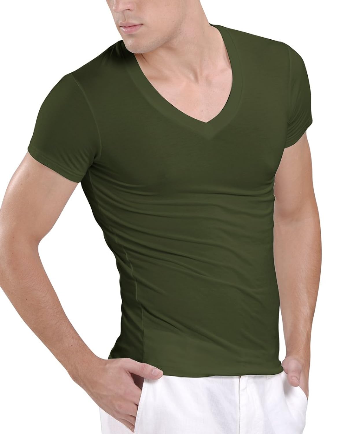 kalvon-fu mens modal deep v neck short sleeve t-shirt 军绿色