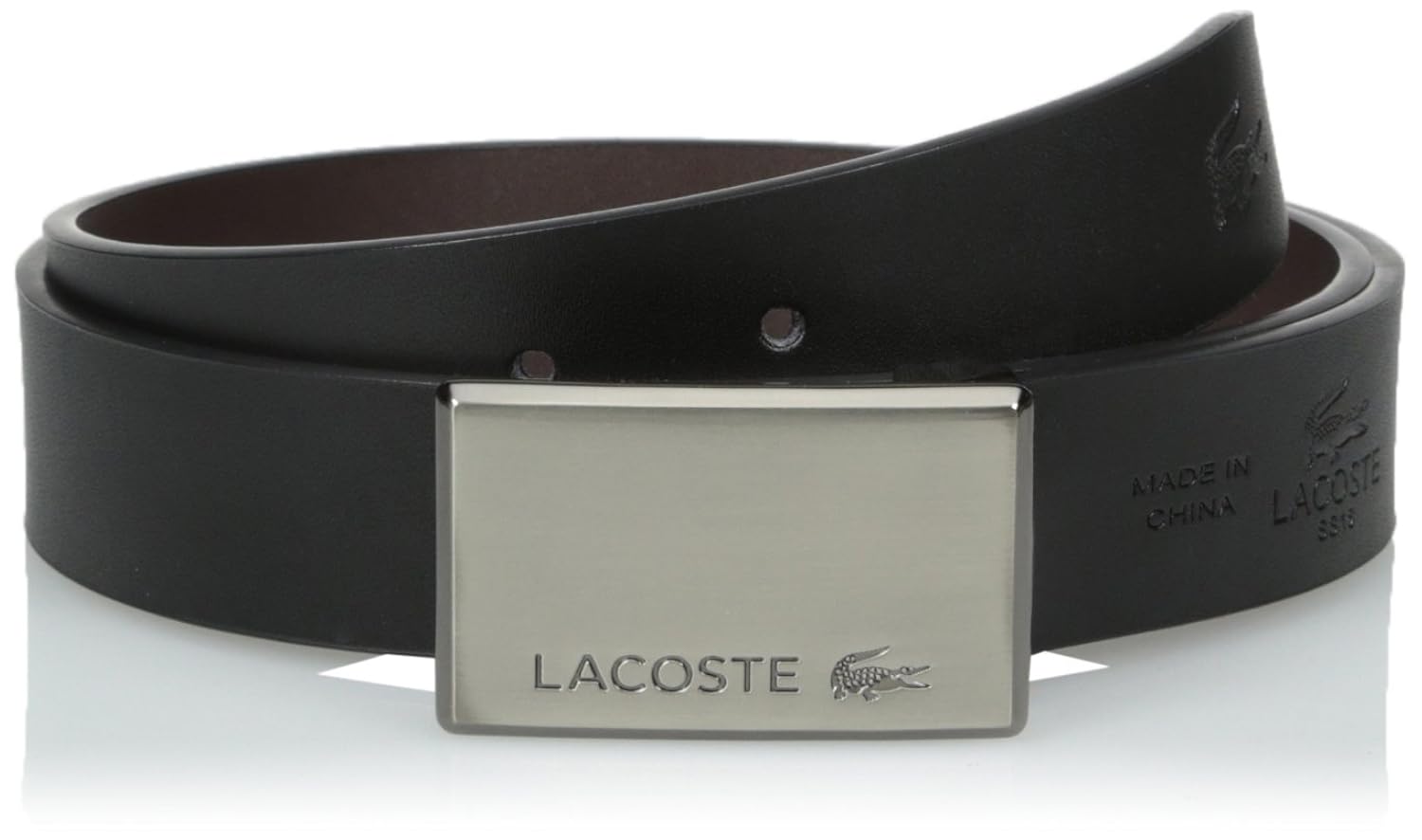 lacoste 男式高级皮革可互换金属片搭扣腰带套装 黑色/棕色 43