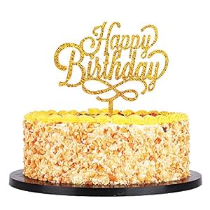 qiynao 金色闪光亚克力生日快乐蛋糕装饰,派对装饰