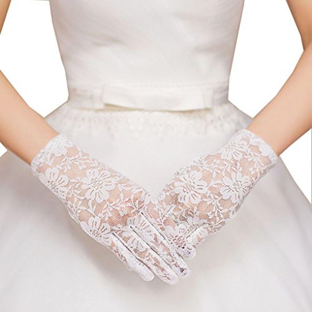 caszel 女士蕾丝花肘/腕薄纱新娘礼服手套 白色 short